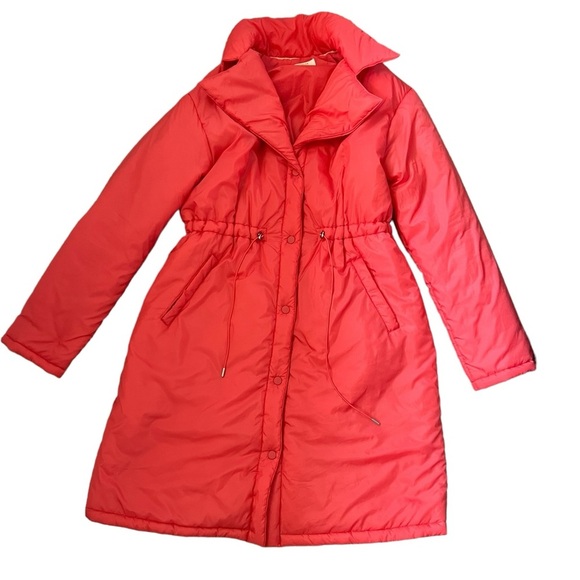 Anthropologie Maeve Coral/Pink Longline Cinched Puffer Jacket Coat Size Small - Picture 5 of 12